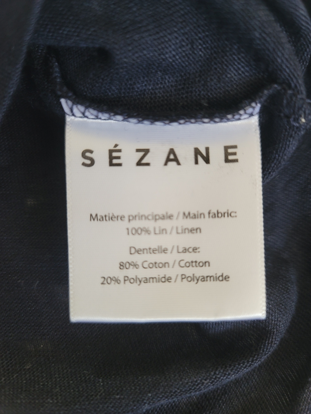 Sezane Lucette 100% Linen Lace and Ruffle T-shirt Top, Navy, Size M - Picture 8 of 9